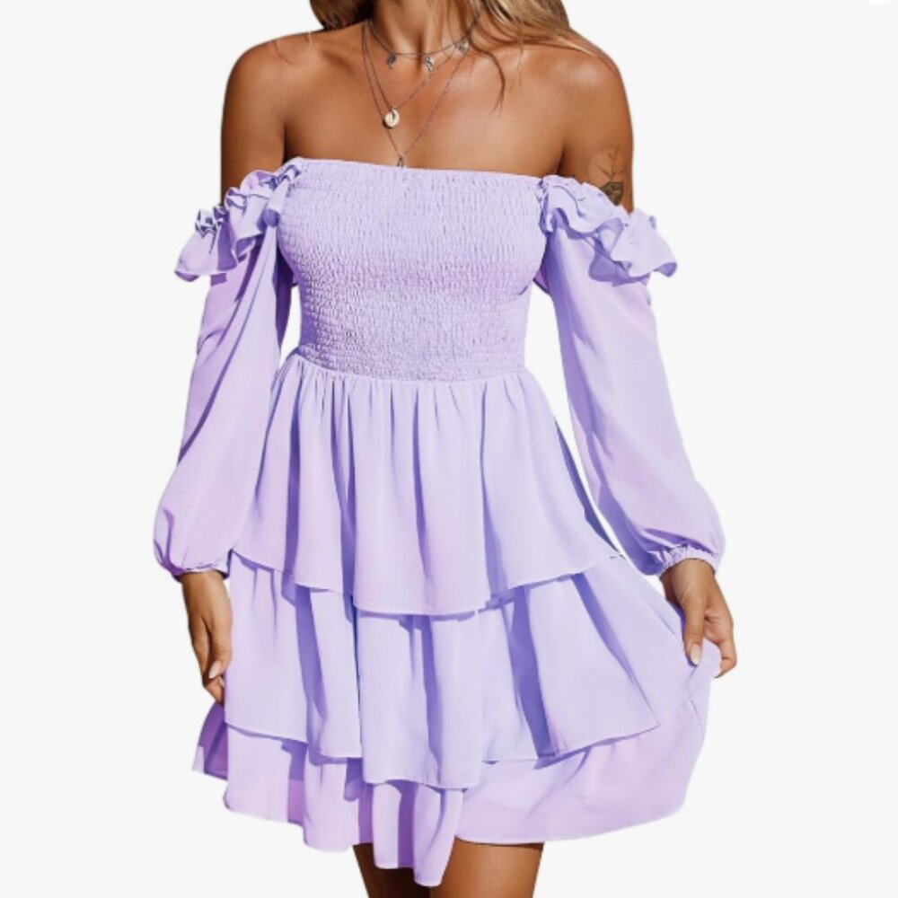 Byinns - Women's Smocked Ruffle Mini Dress Neck Long Sleeve Party Dress Cut